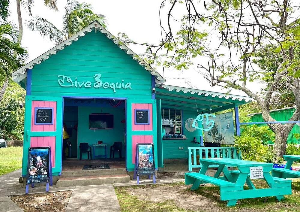 The Dive Bequia shop, a teal and pink Caribbean cottage with picnic benches