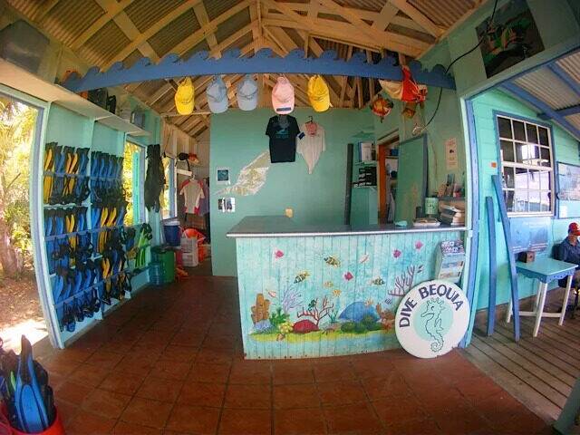 Wall of rental fins and gear inside the Dive Bequia shop